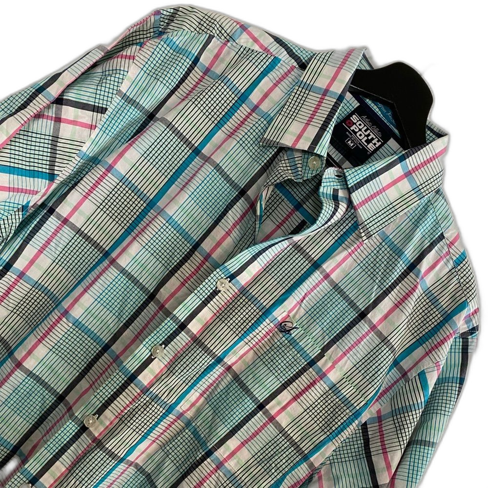 South Pole M Men Plaid Pastel Button Shirt Preppy Colorful Casual Short Sleeveb1